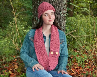 Mauve pink hat and scarf set for women or men, cotton linen beanie and button cowl hand knit, winter skull cap and infinity scarf crocheted