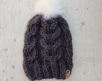 Chunky knit beanie with faux fur pom pom, cable knit hat in dark brown, recycled wool hat for women