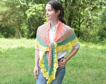 Long colorful shawl scarf hand crocheted from bamboo, crescent shawl for women, multicolor summer shoulder wrap, silky lace hand knit shawl