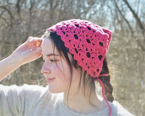 Crochet Bandana or Peasant Head Scarf for Women, Hot Pink Triangle Headscarf  Made With Recycled Cotton, Boho or Cottagecore Hair Scarf - Etsy