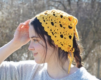 Crochet head bandana or head scarf for women, sunflower yellow triangle headscarf made with recycled cotton, boho or cottage core hair scarf