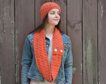 Salmon orange hat and scarf set for women or men, crochet beanie and button cowl for fall and winter, hand knit skull cap and infinity scarf