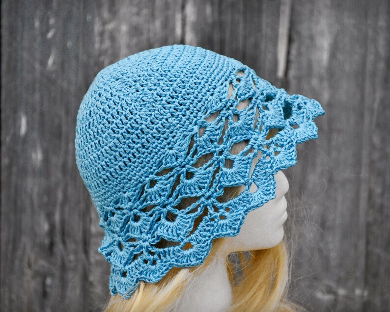 crochet summer hat Ladies summer hat crocheted sunhat womens crochet hat cotton sun hat adult sun hat light blue summer cloche hat