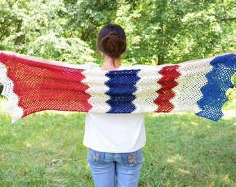 Crochet shawl scarf for women, red white and blue patriotic rectangle shawl, summer lace shawl made of cotton, hand knit shawl boho festival