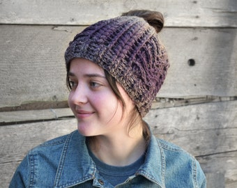 Purple and tan messy bun beanie, hand crocheted ponytail hat made of reclaimed wool and acrylic, crochet textured winter hat for jogger