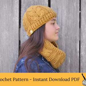 Hat and cowl crochet pattern, pdf crochet pattern download to make beanie hat and cabled cowl
