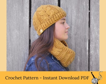 Hat and cowl crochet pattern, pdf crochet pattern download to make beanie hat and cabled cowl