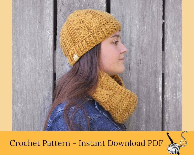 Crochet Cabled Beanie Hat and Cowl Scarf Pattern (PDF Download) image 1