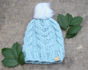 Chunky knit beanie in light blue, cable knit hat with optional faux fur pompom, thick wool hat for women or men, cozy woolen winter cap