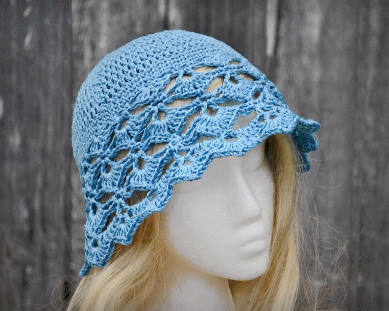 crochet summer hat Ladies summer hat crocheted sunhat womens crochet hat cotton sun hat adult sun hat light blue summer cloche hat
