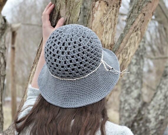 Dark Gray Crochet Sun Hat for Women, Wide Brim Summer Hat Made with Recycled Cotton, Eco Friendly Bucket Hat