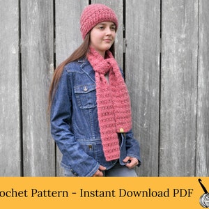 May include: A crochet pattern for a pink hat and scarf. The pattern is available as an instant download PDF.