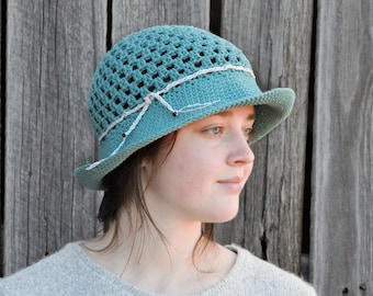 Fern blue crochet sun hat for women, wide brim summer hat made with recycled cotton, eco friendly bucket hat, packable mesh boater hat teal