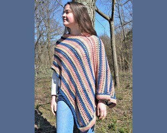 Summer poncho wrap hand crocheted from bamboo and cotton, lightweight spring coverup, mesh lace boho shawl, assymetrical triangle pullover