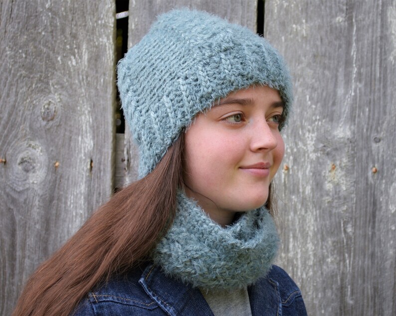hygge hat soft hat set crochet cabled hat crocheted cable hat and cowl set Blue hat and cowl crochet hat scarf