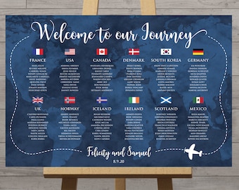 Travel theme wedding seating chart with world map background and flags, tables by country or city, navy blue, customized printable DIGITAL