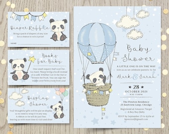 Printable baby shower invitation with a panda bear theme - diaper raffle, books for baby, display shower and thank you - digital PDF