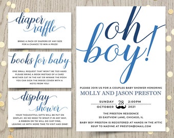 Oh boy baby shower invitation card, couples shower invite, blue baby boy shower printable invitation, personalized invitation, DIGITAL