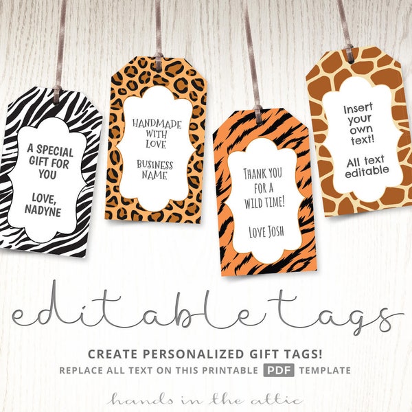 Safari jungle animal prints gift tags - editable template for birthday party favors, bags, zebra leopard tiger giraffe skin pattern DIGITAL