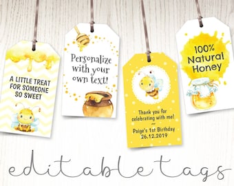 Honey bee party favor tags, editable gift jar labels - farmers market, bride, mommy to bee, homemade honey - printable template in PDF
