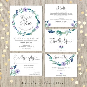 Floral wedding invitation set, customized card, personalized wedding printable, save the date, rsvp, thank you card, watercolor design image 1