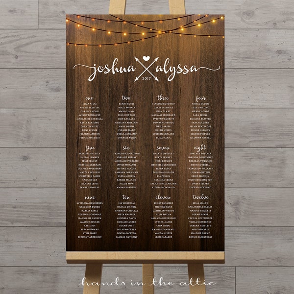 Table assignment board wedding reception seating chart ideas, bridal party table number cards, fairy string lights, poster printable DIGITAL