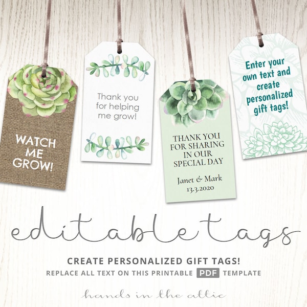 Succulent plant labels gift tags potted cactus seeds, watch me grow diy wedding favors thank you printable, bridal shower, editable template