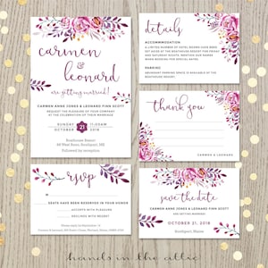 Wine wedding invitation burgundy plum, set suite kit, flowers floral theme colors, save the date, thank you card, details card DIGITAL