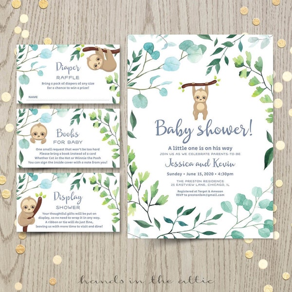 Printable sloth themed baby shower invitation with mini insert cards - for baby bash, couples shower, baby brunch in the park - digital PDF