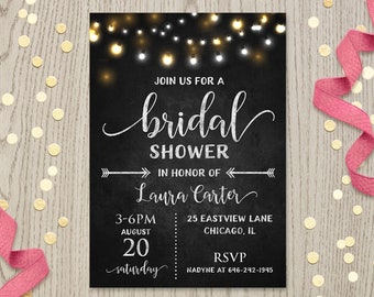 Bridal shower invitation printable invites, rustic chalkboard, black and white card champagne brunch and bubbly, fairy string lights DIGITAL