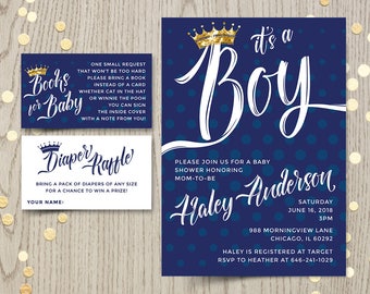 Prince baby shower invitation, navy and gold, baby shower boy invitation crown, gold prince invites, baby shower invitation boy, DIGITAL