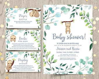 Printable sloth themed baby shower invitation with mini insert cards - for baby bash, couples shower, baby brunch in the park - digital PDF