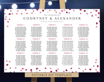 DIY wedding seating chart template - reception table plan PDF printable arrangements - pink hearts confetti - 18x24 / 24x36 DIGITAL