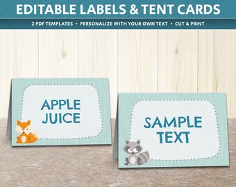 Editable labels, woodland creatures, woodland baby shower, woodland nursery, buffet tent cards, woodland birthday, forest friends, DIGITAL