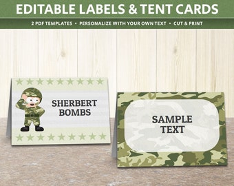 Army labels printable template, text-editable, camo party labels, army party decor, kids camouflage, buffet tent cards, DIGITAL DOWNLOAD