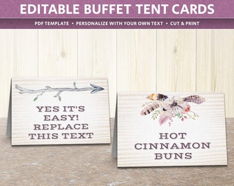 DIY buffet tent cards, EDITABLE food & beverage label cards, boho folded tent cards, bohemian baby shower, party decor props, DIGITAL