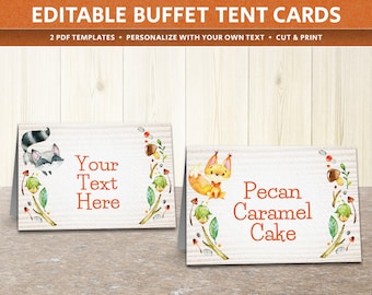 Editable food cards, buffet tent cards, woodland animals folded cards, forest friends party labels, printable party props food decor DIGITAL