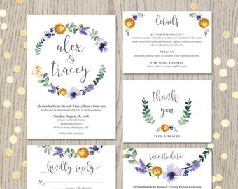 Lavender floral wedding invitation set, customized card, personalized wedding printable, save the date, thank you card, watercolor design