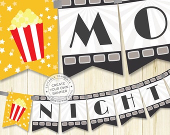 Film night party banner template, editable DIY banner, movie party, night at the oscars, popcorn banner, party bunting, DIGITAL download PDF