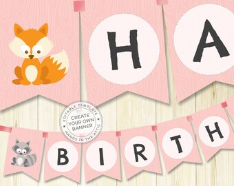 Woodland baby shower, woodland nursery, woodland creatures, alphabet bunting, editable banner, printable party kit, pink party decor, PDF