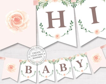 Floral baby shower banner, pink rose baby shower, bridal shower banner, spring celebration editable banner, DIGITAL download PDF