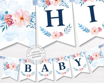 Printable floral banner template, couples baby shower, bridal, editable alphabet banner, navy blue pink party name garland, DIGITAL PDF