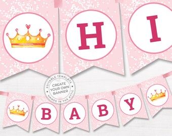 DIY banner pink baby shower template, editable name garland, baby girl shower bunting, printable decoration, DIGITAL download