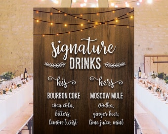 Signature drinks, wedding sign, his and hers cocktails printable, couple wedding drinks, alcohol, wedding bar ideas, customized PDF, DIGITAL