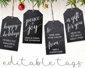 Christmas gift tags personalized small cards, printable chalk labels, mini hang tags, editable template, DIGITAL download PDF