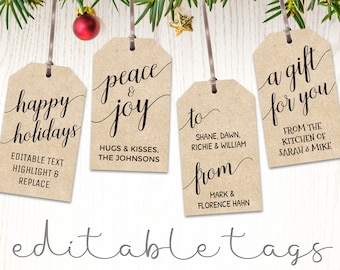 Kraft gift tags, merry christmas gift tags, black and white labels editable, DIY, Christmas presents, gifts, party favors, DIGITAL