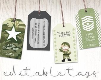 Army theme party gift tags printable camo green decoration supplies favors military soldiers dog tags man birthday printable DIGITAL