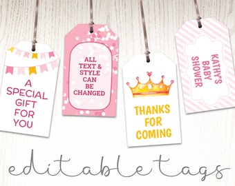 Editable tags pink gift tags, baby girl shower favor labels personalized, thank you tags, baby shower printable template, DIGITAL