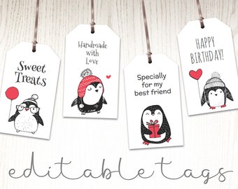 Editable gift tags cute, labels by the sheet, personalized hang tags, editable labels, diy printable birthday favor tags penguin DIGITAL