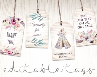 Editable boho tags, gifts favors, printable template labels customized, bohemian teepee, floral watercolor, DIGITAL template, PDF